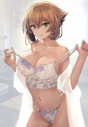 Rule 34 | 1girl, blurry, breasts, brown hair, commentary request, depth of field, earrings, green eyes, highres, jewelry, kantai collection, kasumi (skchkko), large breasts, lingerie, looking at viewer, mutsu (kancolle), nail polish, nightgown, short hair, skindentation, smile, tsurime, underwear, undressing