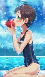 Rule 34 | 10s, 1girl, apple, bad id, bad pixiv id, blue eyes, blush, breasts, brown hair, eating, food, from side, fruit, highres, idolmaster, idolmaster million live!, kinoshita hinata, looking at viewer, name tag, narumi arata, old school swimsuit, one-piece swimsuit, school swimsuit, seiza, shiny clothes, short hair, sitting, small breasts, solo, swimsuit, wariza, water, wet, wet clothes, wet hair