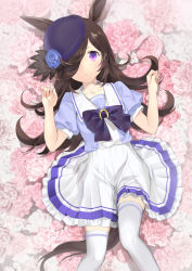 Rule 34 | 1girl, animal ears, black bow, black hair, blouse, blue flower, blue hat, blue rose, blue shirt, bow, collarbone, commentary request, feet out of frame, flower, hair over one eye, hands up, hat, hat flower, horse ears, horse girl, horse tail, ice (ice aptx), long hair, looking at viewer, lying, on back, parted lips, pink flower, pink rose, pleated skirt, puffy short sleeves, puffy sleeves, purple eyes, purple shirt, rice shower (umamusume), rose, school uniform, shirt, short sleeves, skirt, solo, tail, thighhighs, tilted headwear, tracen school uniform, umamusume, very long hair, white flower, white rose, white skirt, white thighhighs