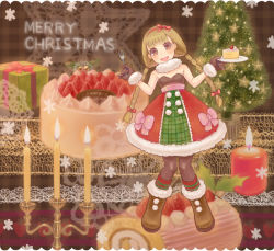 Rule 34 | bad id, bad pixiv id, blush, boots, braid, brown hair, cake, candle, christmas, food, fork, gloves, hairband, happy, inase, long hair, pantyhose, pastry, santa costume, solo, twin braids