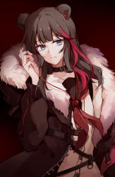 Rule 34 | 1girl, absurdres, animal ears, arknights, bear ears, black choker, blue eyes, brown coat, brown hair, chinese commentary, choker, closed mouth, coat, earbuds, earphones, expressionless, fur-trimmed coat, fur trim, gemi 25, gradient background, highres, long hair, long sleeves, looking at viewer, multicolored hair, neckerchief, open clothes, open coat, red background, red hair, red neckerchief, sailor collar, shirt, sidelocks, simple background, solo, strap, streaked hair, two-tone hair, unzipped, upper body, white shirt, zima (arknights)