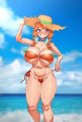 Rule 34 | 1girl, absurdres, aqua hair, bikini, bikini pull, breasts, cleavage, clothes pull, day, earrings, feather earrings, feathers, gradient hair, grin, hat, highres, hololive, hololive english, huge breasts, jewelry, long hair, looking at viewer, makinakid, multicolored hair, navel, o-ring, o-ring top, ocean, orange bikini, orange hair, outdoors, purple eyes, shiny skin, skindentation, smile, solo, standing, straw hat, swimsuit, takanashi kiara, thick thighs, thighs, underboob, virtual youtuber, water, wet