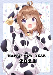 Rule 34 | 1girl, 2021, :d, ahoge, animal ears, animal print, bell, black choker, blush, breasts, brown hair, chinese zodiac, choker, collarbone, commentary request, cow ears, cow horns, cow print, cow tail, drawstring, fake animal ears, fake horns, hands up, happy new year, hood, hood up, hoodie, horns, long sleeves, looking at viewer, massala, neck bell, new year, open mouth, original, pennant, print hoodie, puffy long sleeves, puffy sleeves, purple eyes, sleeves past wrists, small breasts, smile, solo, string of flags, tail, upper body, white hoodie, year of the ox