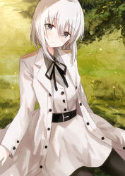 Rule 34 | belt, belt buckle, black belt, black pantyhose, black ribbon, blush, borrowed character, buckle, character request, closed mouth, collared shirt, day, grey eyes, grey hair, grey shirt, hair between eyes, head tilt, highres, jacket, kinona, long sleeves, looking at viewer, neck ribbon, on grass, open clothes, open jacket, original, outdoors, pantyhose, ribbon, shirt, sitting, skirt, sleeves past wrists, vest, white jacket, white skirt, white vest