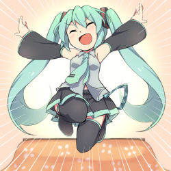 Rule 34 | 1girl, aqua hair, bare shoulders, detached sleeves, hatsune miku, jumping, long hair, open mouth, outstretched arms, reki (arequa), skirt, smile, solo, spread arms, thighhighs, twintails, very long hair, vocaloid, zettai ryouiki