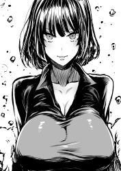 Rule 34 | 1girl, absurdres, blush, breasts, floating, floating object, fubuki (one-punch man), greyscale, grin, highres, looking at viewer, megao 3rd, monochrome, one-punch man, short hair, simple background, smile, solo, telekinesis, white background