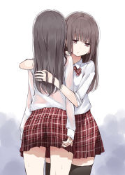 Rule 34 | 2girls, arm around shoulder, arm at side, bad id, bad pixiv id, black hair, black legwear, bow, brown eyes, brown hair, circle cut, collared shirt, commentary request, dress shirt, from behind, hand in another&#039;s hair, highres, long hair, long sleeves, looking at viewer, multiple girls, nyoijizai, original, plaid, plaid bow, plaid neckwear, plaid skirt, red bow, red neckwear, red skirt, see-through, shirt, skirt, sleeves past wrists, sleeves pushed up, standing, thighhighs, uniform, white skirt, wing collar, yuri, zettai ryouiki