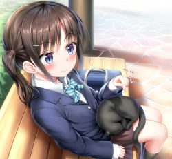 Rule 34 | 1girl, 3:, absurdres, animal, bench, black cat, black socks, blazer, blue bow, blue bowtie, blue eyes, blue jacket, bow, bowtie, brown hair, brown skirt, cat, closed mouth, collared shirt, commentary request, day, diagonal-striped bow, diagonal-striped bowtie, diagonal-striped clothes, diagonal-striped neckwear, highres, jacket, kneehighs, long hair, long sleeves, nedia (nedia region), on bench, on lap, original, outdoors, park bench, pleated skirt, pointing, shirt, side ponytail, sidelocks, sitting, skirt, sleeves past wrists, socks, solo, striped bow, striped bowtie, striped clothes, striped neckwear, translation request, white shirt