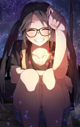 Rule 34 | 1girl, ^ ^, black-framed eyewear, black hair, black shirt, blue shorts, blush, closed eyes, collarbone, commentary request, facing viewer, feet out of frame, fingernails, fireworks, glasses, grin, half updo, hand up, highres, holding, holding fireworks, idolmaster, idolmaster shiny colors, knees up, legs, light particles, long hair, mitsumine yuika, night, outdoors, parted bangs, senkou hanabi, shirt, short sleeves, shorts, sidelocks, sitting, sky, smile, solo, sparkler, star (sky), starry sky, straight-on, tamago sando, thighs, twintails, very long hair