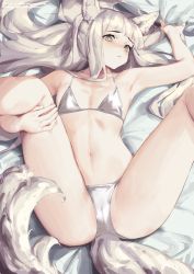 Rule 34 | 1girl, animal ear fluff, animal ears, arknights, bare legs, bra, commentary, feet out of frame, flat chest, grey eyes, highres, long hair, looking at viewer, lying, nashidrop, navel, on back, panties, platinum (arknights), solo, stomach, tail, thighs, underwear, underwear only, white bra, white hair, white panties