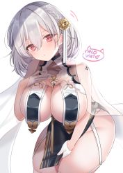Rule 34 | 1girl, alternate costume, azur lane, black dress, braid, breasts, cleavage, dress, eyelashes, garter straps, gloves, hair between eyes, hair ornament, half gloves, hand on own chest, hand up, hanging breasts, highres, leaning forward, legs together, looking at viewer, neco meito, no bra, parted lips, pelvic curtain, red eyes, revealing clothes, see-through, see-through sleeves, short hair, simple background, sirius (azur lane), sirius (azure horizons) (azur lane), solo, thick thighs, thighhighs, thighs, white background, white gloves, white hair, white thighhighs