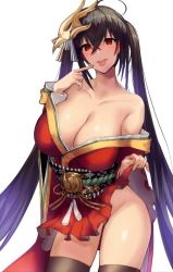 Rule 34 | 1girl, :p, ahoge, azur lane, bad id, bad twitter id, bare shoulders, black hair, black thighhighs, blush, breasts, cleavage, clothes lift, collarbone, cowboy shot, crossed bangs, groin, hair between eyes, hair ornament, hair ribbon, huge breasts, japanese clothes, kimono, kimono lift, large breasts, lifted by self, long hair, looking at viewer, mask, mask on head, obi, open mouth, pointing, pointing at self, red eyes, red kimono, ribbon, sash, satou daiji, shiny skin, short kimono, sidelocks, simple background, smile, solo, taihou (azur lane), teeth, thighhighs, tongue, tongue out, twintails, upper teeth only, very long hair, white background, wide sleeves