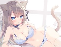 Rule 34 | 1girl, animal ear fluff, animal ears, bare arms, bare shoulders, bed sheet, bell, blue bra, blue collar, blue eyes, blue panties, blush, bow, bow bra, bow panties, bra, breasts, brown hair, cat ears, cat girl, cat tail, cleavage, closed mouth, collar, collarbone, frilled panties, frills, hair between eyes, hair ornament, hairclip, hoshi (snacherubi), jingle bell, large breasts, long hair, looking at viewer, lying, medium breasts, mole, mole on breast, navel, neck bell, on side, original, panties, solo, tail, thighhighs, underwear, underwear only, very long hair, white thighhighs, window