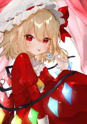 Rule 34 | 1girl, absurdres, adapted costume, ascot, blonde hair, bow, candy, collared dress, crystal, curtains, dress, flandre scarlet, food, frilled shirt collar, frills, hat, highres, holding, holding candy, holding food, holding lollipop, huge filesize, juliet sleeves, light blush, lollipop, long dress, long sleeves, looking at viewer, mob cap, omodaka romu, one side up, puffy sleeves, red dress, red eyes, short hair, sitting, solo, tongue, tongue out, touhou, waist bow, wings, wrist cuffs, yellow ascot
