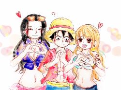 1boy 2girls ? bikini bikini_top_only black_eyes black_hair breasts cleavage denim heart heart_hands jeans jewelry karin10_op midriff monkey_d._luffy multiple_girls nail_polish nami_(one_piece) navel necklace nico_robin nico_robin_(return_to_sabaody) one_piece pants pearl_necklace sarong scar smile