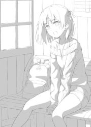 Rule 34 | 1girl, :d, aran sweater, backpack, bad id, bad twitter id, bag, bench, between legs, bird, blush, cable knit, collarbone, greyscale, hair ribbon, hand between legs, indoors, kinta (distortion), lineart, looking at viewer, monochrome, off-shoulder, off-shoulder sweater, off shoulder, open mouth, original, ribbon, shorts, sitting, smile, solo, spread legs, sweater, thighs