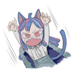 Rule 34 | 1girl, ahoge, animal ears, arms up, blue cape, blue hair, blue skirt, cape, cat ears, cat girl, cat tail, covered mouth, curled horns, dinosaur girl, horns, jewelry, long hair, lowres, mask, mouth mask, multicolored hair, necklace, one piece, pink eyes, pink hair, pink mask, raine (acke2445), skirt, solo, streaked hair, tail, ulti (one piece)