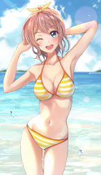 Rule 34 | 1girl, aranami shibuki, arm behind head, arms up, bang dream!, bikini, blue eyes, blue sky, breasts, brown hair, cleavage, cloud, commentary request, day, hair ribbon, halterneck, highres, lens flare, looking at viewer, medium breasts, navel, ocean, one eye closed, open mouth, outdoors, ponytail, ribbon, round teeth, short hair, sky, solo, standing, striped bikini, striped clothes, swimsuit, teeth, upper teeth only, yamabuki saya, yellow bikini