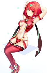 Rule 34 | 1girl, armor, armpits, arms behind head, breasts, earrings, female focus, fingerless gloves, gloves, highres, jewelry, looking at viewer, medium breasts, navel, nintendo, painttool sai, pyra (xenoblade), red hair, short hair, shoulder armor, sidelocks, solo, thighhighs, tiara, tsukimaru, xenoblade chronicles (series), xenoblade chronicles 2, xenoblade chronicles (series), xenoblade chronicles 2
