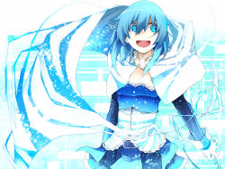 Rule 34 | 10s, 1girl, :d, bad id, bad pixiv id, belt, blue eyes, blue hair, cape, collarbone, gloves, magical girl, mahou shoujo madoka magica, mahou shoujo madoka magica (anime), matching hair/eyes, miki sayaka, open mouth, short hair, smile, solo, soudayu