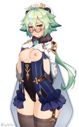 Rule 34 | 1girl, animal ears, beret, black thighhighs, blue dress, blush, breastless clothes, breasts, cat ears, dress, garter straps, genshin impact, glasses, gloves, gold trim, green hair, hands on own chest, hat, highres, iwbitu, leotard, long hair, long sleeves, looking at viewer, multicolored hair, nipples, orange eyes, ponytail, semi-rimless eyewear, simple background, small breasts, smile, solo, sucrose (genshin impact), thighhighs, thighs, twitter username, vision (genshin impact), white background, zettai ryouiki