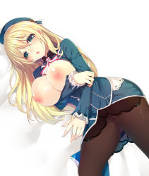 Rule 34 | 10s, 1girl, atago (kancolle), bad id, bad pixiv id, black pantyhose, blonde hair, blush, breast hold, breasts, breasts out, eyebrows, framed breasts, green eyes, hat, kantai collection, large breasts, long hair, nipples, no bra, nose blush, open mouth, pantyhose, ririko (zhuoyandesailaer), simple background, solo