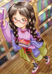 Rule 34 | 1girl, :o, arm up, black hair, black socks, blush, book, bookshelf, bow, braid, brown eyes, commentary request, fringe trim, glasses, hair ribbon, highres, holding, holding book, idolmaster, idolmaster cinderella girls, indoors, long hair, looking at viewer, low twintails, parted lips, pink-framed eyewear, pink ribbon, pink sweater, red bow, regular mow, ribbed sweater, ribbon, scarf, semi-rimless eyewear, shoes, skirt, socks, solo, sweater, tachibana arisu, twin braids, twintails, under-rim eyewear, walking, white footwear, wooden floor, yellow skirt