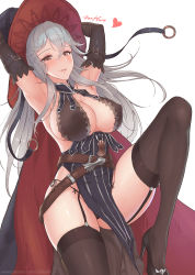 Rule 34 | 1girl, armpits, arms up, bare shoulders, black panties, black thighhighs, blush, breasts, brown eyes, cape, cleavage, commentary request, cowboy shot, detached sleeves, eliskalti, garter straps, granblue fantasy, hair between eyes, hat, heart, high heels, highres, large breasts, leg up, long hair, looking at viewer, magisa (granblue fantasy), panties, parted lips, pelvic curtain, pumps, shoes, side-tie panties, sideboob, silver hair, smile, solo, stiletto heels, thighhighs, thighs, underwear, witch hat