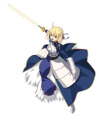 Rule 34 | 1girl, ahoge, armor, armored boots, armored dress, artoria pendragon (all), artoria pendragon (fate), blonde hair, blue ribbon, boots, fate/grand order, fate/stay night, fate (series), full body, green eyes, grey footwear, hair ribbon, highres, holding, holding sword, holding weapon, looking at viewer, melty blood, melty blood: type lumina, armored boots, official art, ribbon, saber (fate), short hair with long locks, sidelocks, simple background, solo, standing, sword, takeuchi takashi, tsukihime, weapon, white background