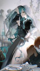 Rule 34 | 1girl, 3boys, black hair, blue eyes, blue hair, brown hair, cup, curly hair, dress, drinking glass, finger to mouth, formal, from side, green eyes, green hair, hatsune miku, highres, long hair, looking at viewer, multiple boys, restaurant, rumoon, short hair, shushing, smile, suit, twintails, veil, very long hair, vocaloid, wine glass