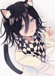 Rule 34 | 1boy, animal ear fluff, animal ears, black hair, cat boy, cat ears, cat tail, checkered clothes, checkered scarf, danganronpa (series), danganronpa v3: killing harmony, flipped hair, gradient background, gradient hair, grey background, hair between eyes, hand up, looking at viewer, male focus, multicolored hair, negoto o, oma kokichi, open mouth, purple eyes, purple hair, scarf, short hair, solo, straitjacket, tail, upper body, white background