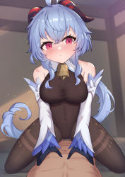 Rule 34 | 1boy, 1girl, :o, ahoge, bare shoulders, bell, black gloves, black legwear, blue hair, blurry, blurry background, blush, bodysuit, breasts, brown bodysuit, censored, clothed female nude male, commentary request, covered navel, cowgirl position, depth of field, detached sleeves, full-face blush, ganyu (genshin impact), genshin impact, gloves, hair between eyes, head tilt, highres, horns, long hair, long sleeves, looking at viewer, medium breasts, neck bell, nude, parted lips, red eyes, sidelocks, sleeves past wrists, solo focus, straddling, thighlet, uneg, very long hair, white sleeves