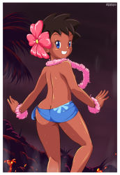 Rule 34 | 00s, 1girl, ass, back, bad id, bad pixiv id, blue eyes, border, brown hair, butt crack, creatures (company), dancing, dark-skinned female, dark skin, elite four, flower, flower necklace, from behind, game freak, grin, hair flower, hair ornament, huge ass, jewelry, lei, looking at viewer, looking back, necklace, night, nintendo, no bra, no panties, pepipopo, phoebe (pokemon), pokemon, pokemon rse, pov, sarong, short hair, smile, solo, sweat, teeth, topless, wristband
