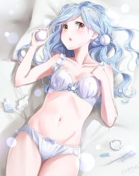 Rule 34 | 1girl, bad id, bad pixiv id, bed sheet, blue hair, blush, bottle, bow, bow bra, bow panties, bra, breasts, brown eyes, cleavage, collarbone, from above, groin, hair brush, hair ornament, hairpin, highres, kinako (shiratama mochi), lens flare, long hair, looking at viewer, lying, navel, on back, open mouth, original, panties, perfume bottle, pillow, scrunchie, signature, small breasts, solo, underwear, underwear only, wavy hair, white bra, white panties