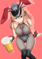 Rule 34 | anchor earrings, anchor necklace, animal ears, bare shoulders, beer mug, blonde hair, blue eyes, breasts, cleavage, cup, dated, earrings, fake animal ears, fishnet thighhighs, fishnets, gloves, grey hat, hair between eyes, hat, holding, jewelry, kantai collection, kriegsmarine, large breasts, leotard, light blush, long hair, looking at viewer, military hat, moke ro, mug, necklace, one-hour drawing challenge, playboy bunny, prinz eugen (kancolle), rabbit ears, red background, smile, solo, thighhighs, twintails, twitter username, white gloves, wrist cuffs