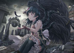 Rule 34 | 10s, 2girls, :o, artist name, back bow, black feathers, black legwear, black wings, blue hair, bow, bracelet, butterfly wings, cross-laced clothes, cupping hand, dark sky, dress, fallen angel, feathered wings, feathers, flying, frilled dress, frills, gate, gloves, group name, hair bun, hand on own chest, highres, insect wings, jewelry, kunikida hanamaru, love live!, love live! sunshine!!, mitaiken horizon, multiple girls, one eye closed, outdoors, overcast, purple eyes, rubble, ruins, shadowverse, shamakho, side bun, single side bun, sitting, sky, sleeveless, sleeveless dress, solo focus, thighhighs, tsushima yoshiko, white bow, wings