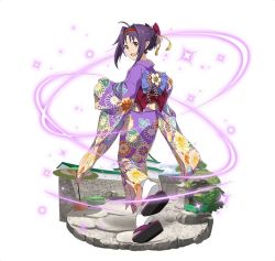 Rule 34 | 1girl, :d, ahoge, faux figurine, floral print, full body, hairband, japanese clothes, jpeg artifacts, kimono, leg up, looking at viewer, looking back, obi, open mouth, pointy ears, purple hair, purple kimono, red eyes, red hairband, sash, short hair with long locks, sidelocks, simple background, smile, socks, solo, standing, standing on one leg, sword art online, white background, white socks, yukata, yuuki (sao)