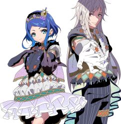 Rule 34 | 1boy, 1girl, archived source, bad id, bad twitter id, black gloves, black pants, blue eyes, blue hair, braid, closed mouth, commentary request, cowboy shot, dress, frilled dress, frills, fur scarf, gloves, grey hair, hand on own chest, heterochromia, highres, king of prism by prettyrhythm, long hair, looking at viewer, outstretched arm, pants, pretty rhythm, pretty series, reaching, reaching towards viewer, red eyes, rinne (pretty rhythm), shine (pretty series), short hair, side braid, simple background, smile, standing, striped clothes, striped pants, vertical-striped clothes, vertical-striped pants, white background, yellow eyes, zashima