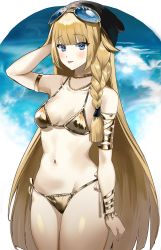 Rule 34 | 1girl, :p, bikini, blonde hair, blue eyes, blue sky, blush, bracelet, braid, breasts, cloud, cloudy sky, eyewear on head, girls&#039; frontline, glasses, gold bikini, hair flaps, hand on own head, hat, highres, jewelry, long hair, looking at viewer, medium breasts, necklace, reflection, shiny clothes, side-tie bikini bottom, sky, smile, solo, standing, sunglasses, swimsuit, tongue, tongue out, very long hair, vhs (girls&#039; frontline)
