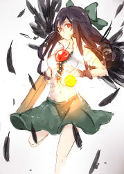 Rule 34 | 1girl, arm cannon, bird wings, black feathers, black hair, black wings, bow, popped collar, energy, energy ball, falling feathers, feathers, green bow, green skirt, hair bow, highres, kagari6496, looking at viewer, magic, navel, open collar, red eyes, reiuji utsuho, shirt, short sleeves, simple background, sketch, skirt, solo, touhou, weapon, white background, white shirt, wings, wristband