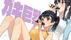 Rule 34 | 2girls, age difference, black hair, blush, breast pillow, breasts, commentary request, eating, ehoumaki, food, food on face, kaedeko (kaedelic), large breasts, looking at viewer, makizushi, multiple girls, oppai loli, original, ponytail, purple eyes, red eyes, rice, rice on face, sasaki kanna (kaedeko), sasaki miyuki (kaedeko), short hair, short shorts, shorts, siblings, signature, simple background, sisters, sitting, sushi, thighs, twintails, white background