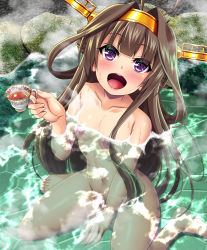 Rule 34 | 1girl, bare shoulders, blush, breasts, brown hair, cup, hair intakes, hairband, highres, kantai collection, kongou (kancolle), long hair, medium breasts, militia minpei, navel, nipples, nude, onsen, open mouth, partially submerged, purple eyes, rock, sitting, smile, solo, steam, tea, teacup, wariza, wet