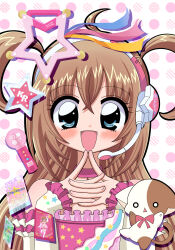 1girl 2000s_(style) :d absurdres ahoge animal blue_eyes blush bow brown_hair cat commentary frills happy headphones headset heisei_retro highres kirarin_revolution long_hair looking_at_viewer na-san open_mouth otannu_(bkdenta) print_shirt shirt smile solo star_(symbol) tail tsukishima_kirari two_side_up upper_body very_big_eyes