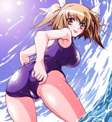 Rule 34 | 1girl, :p, adjusting clothes, adjusting swimsuit, armpits, ass, bent over, breasts, brown eyes, brown hair, cameltoe, cloud, day, from behind, hair ribbon, kusui aruta, large breasts, lens flare, looking back, one-piece swimsuit, original, outdoors, purple one-piece swimsuit, purple school swimsuit, ribbon, school swimsuit, short twintails, sky, solo, sun, swimsuit, thighs, tongue, tongue out, twintails, wading, water