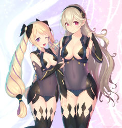 Rule 34 | 2girls, ;d, absurdres, alternate costume, black bow, black hairband, black legwear, blonde hair, bow, breasts, cleavage, closed mouth, corrin (female) (fire emblem), corrin (fire emblem), cosplay, curly hair, dark mage (fire emblem fates), elise (fire emblem), fire emblem, fire emblem fates, floating hair, grey hair, hair bow, hairband, highres, kashiwamochi yomogi, leotard, long hair, multicolored hair, multiple girls, nintendo, nyx (fire emblem), nyx (fire emblem) (cosplay), official alternate costume, one eye closed, open mouth, pointy ears, purple eyes, purple hair, red eyes, revealing clothes, sideboob, small breasts, smile, thighhighs, twitter username, two-tone hair, very long hair