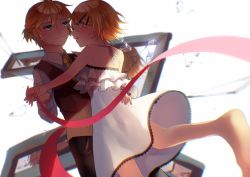 Rule 34 | 1boy, 1girl, adolescence (vocaloid), aryuma772, blonde hair, brown vest, commentary, countdown, cowboy shot, dancing, dress, dutch angle, hair ornament, hairclip, half-closed eyes, highres, holding hands, kagamine len, kagamine rin, looking at another, necktie, ribbon, shirt, short hair, short ponytail, sleeveless, sleeveless dress, smile, string, string of fate, swept bangs, vest, vocaloid, white background, white dress, white shirt, yellow neckwear