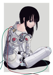 Rule 34 | 1girl, absurdres, android, black eyes, black hair, border, cable, closed mouth, grey background, highres, joints, looking at viewer, original, robot joints, science fiction, sitting, solo, sukabu