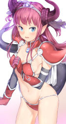Rule 34 | 1girl, absurdres, armor, bikini, bikini armor, blue eyes, blue ribbon, blush, breasts, cape, choker, cleavage, curled horns, elizabeth bathory (brave) (fate), elizabeth bathory (fate), elizabeth bathory (fate), fate/grand order, fate (series), gloves, hair ribbon, halloween, highres, horns, long hair, looking at viewer, navel, open mouth, oversized clothes, pauldrons, pink hair, pointy ears, red armor, red bikini, red gloves, ribbon, shoulder armor, sidelocks, small breasts, soldier (dq3), solo, somray, sweat, swimsuit, tail, tiara, two side up, vambraces