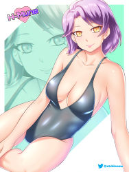 Rule 34 | 1girl, breasts, casual one-piece swimsuit, cleavage, closed mouth, collarbone, etchimune, grey one-piece swimsuit, highres, large breasts, looking at viewer, one-piece swimsuit, original, pink lips, purple hair, shiny skin, short hair, sideboob, sitting, smile, solo, swimsuit, thigh gap, twitter logo, twitter username, yellow eyes