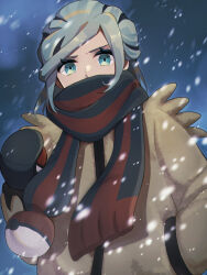 Rule 34 | 1boy, commentary request, creatures (company), game freak, green eyes, grusha (pokemon), highres, holding, holding poke ball, jacket, long hair, long sleeves, looking at viewer, male focus, mittens, nintendo, outdoors, poke ball, poke ball (basic), poke ball print, pokemon, pokemon sv, scarf, scarf over mouth, snowing, solo, striped clothes, striped scarf, ura (hamburg oniku), yellow jacket